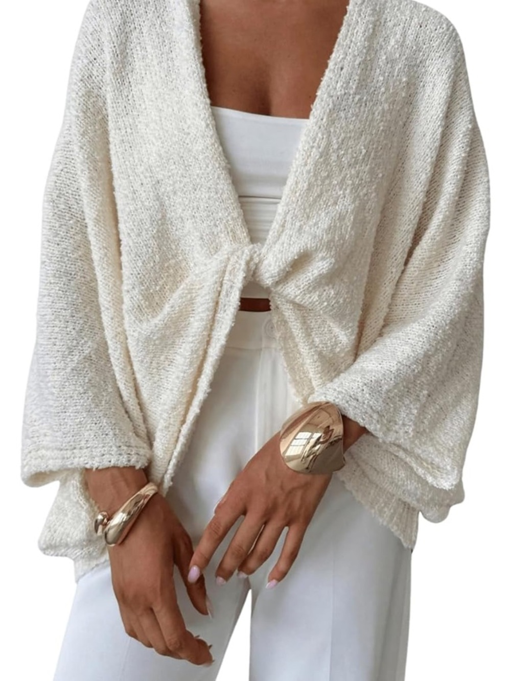 Women’s Cream Knit Tie-Front Sweater Cardigan